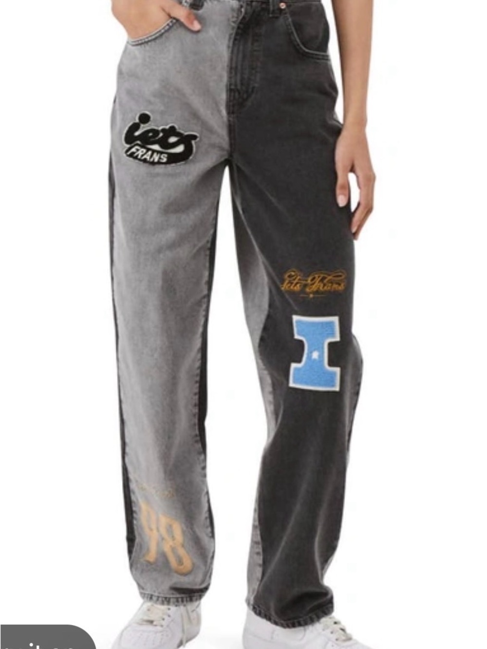 iets frans Two-Tone Black & Gray Boyfriend Jeans with Varsity Patches Sz 25